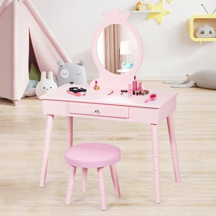DREAMADE Coiffeuse Enfant avec Miroir et Tabouret Ensemble Coiffeuse Princesse en MDF et Bois de Pin avec Tiroir et Miroir Rose