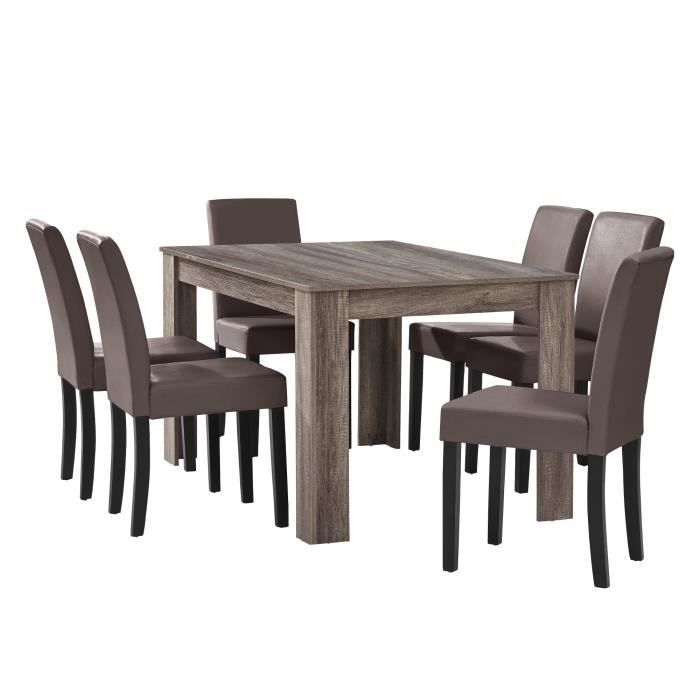 en.casa Table à manger en chêne ancien avec 6 chaises marron cuir-synthétique rembourré 140x90