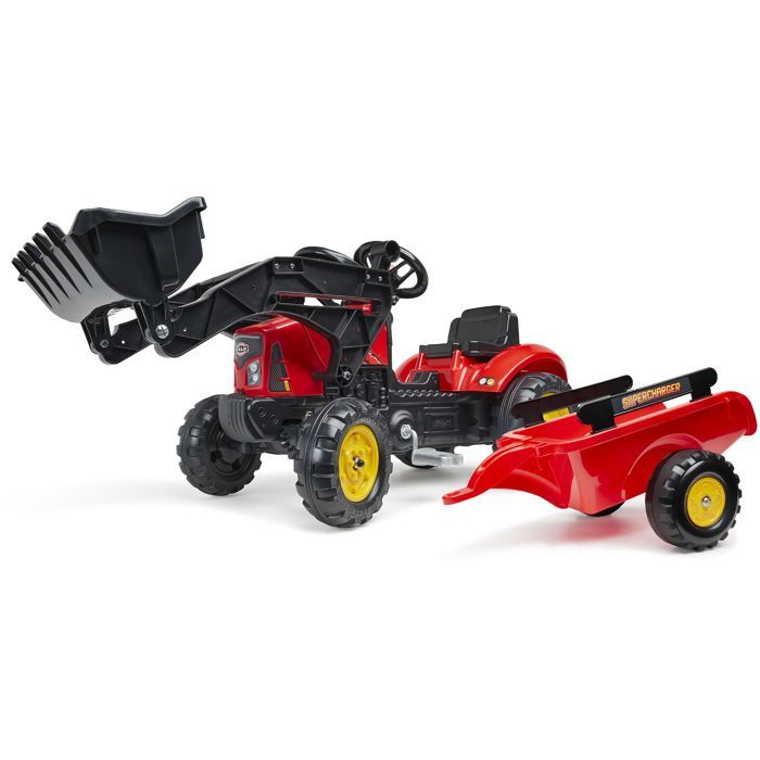 Tracteur à pédales Supercharger rouge avec pelle frontale articulée et remorque - FALK