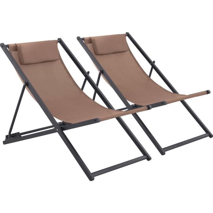 Lot de 2 Chiliennes acier en Textilene - Avec têtière - Taupe