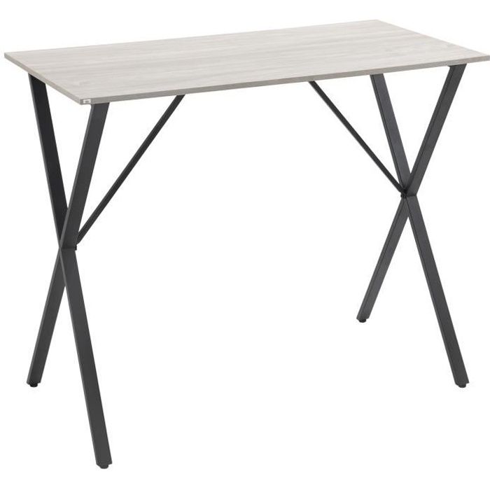 table de bar - table haute de cuisine - dim. 120l x 60l x 102h cm - châssis piètement acier noir plateau aspect bois blanc