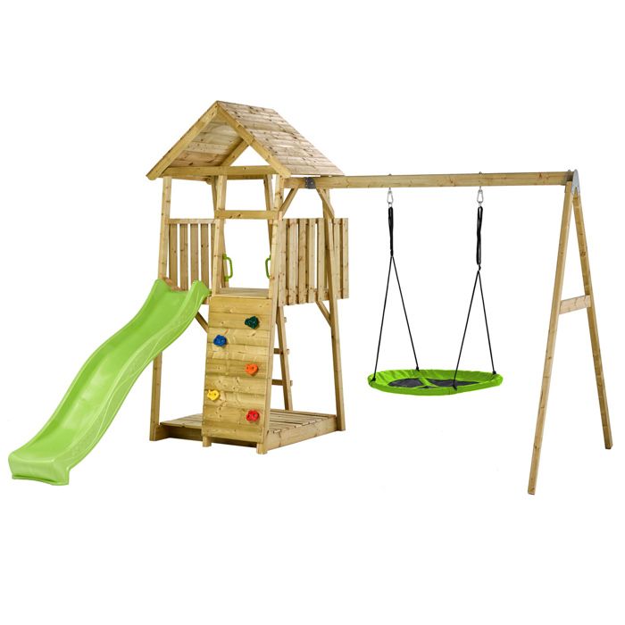KANGUI Aire de jeux portique en bois WOODI - Double balançoire et nid Ø100cm toboggan mur descalade bac a sable cabane échelle