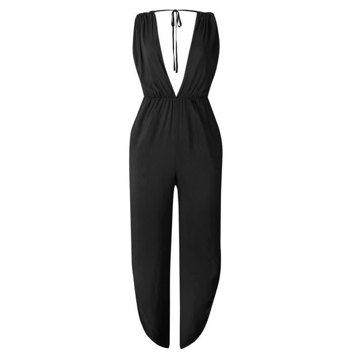 Foweknow Combinaison d'été pour femme - Longue - Sans manches - Col en V - Jambes larges - Décontractée - Légère et aérée - Avec boutonnière - Tenue décontractée - Une pièce - Coupe ample, Blanc., S