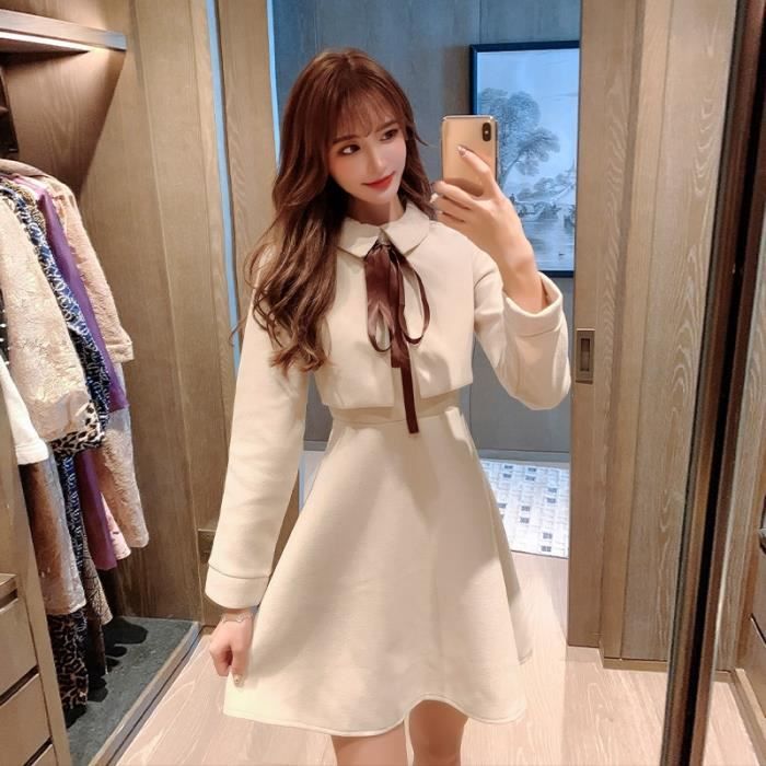 Robe Robe en laine pour femmes nouvelle robe en laine deux pieces unie manches longues col rond 2020 avec n ud papillon col Blanc Cdiscount Pret a Porter