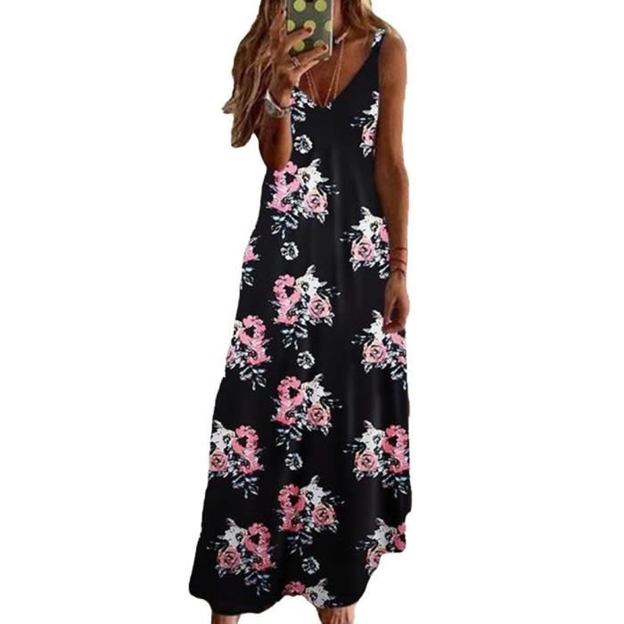 ORANDESIGNE Robe Longue Été Boho - Imprimé Fleuri Col V | Sans Manches | Maxi Robe Plage Vacances