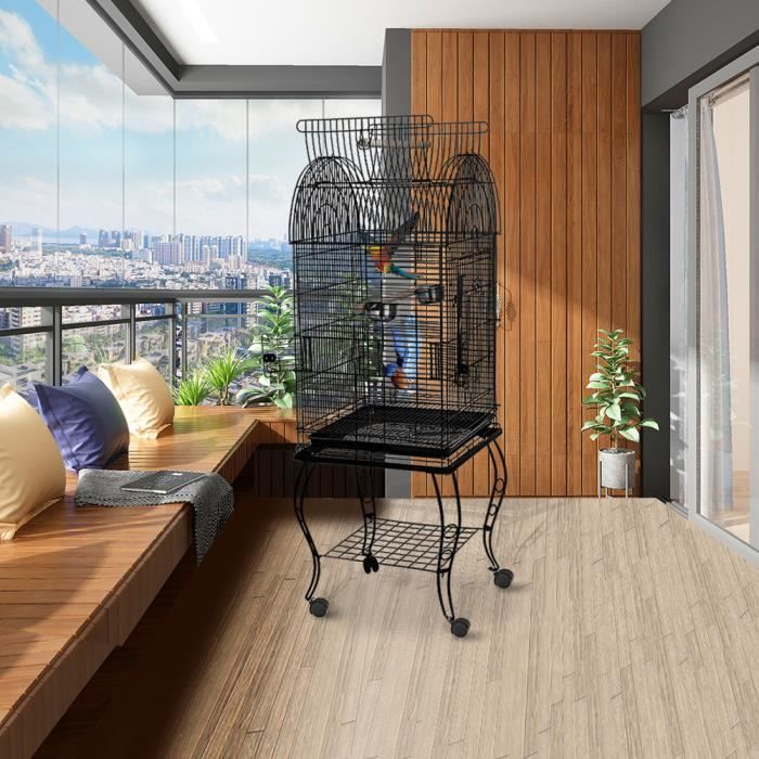 Meilleurs prix pour HSTURYZ Cage à Oiseau avec Toit Ouvert Volière sur Roulettes pour Canaries Perroquet Perruches et Calopsitte 59 x 59 x 150 cm Noir