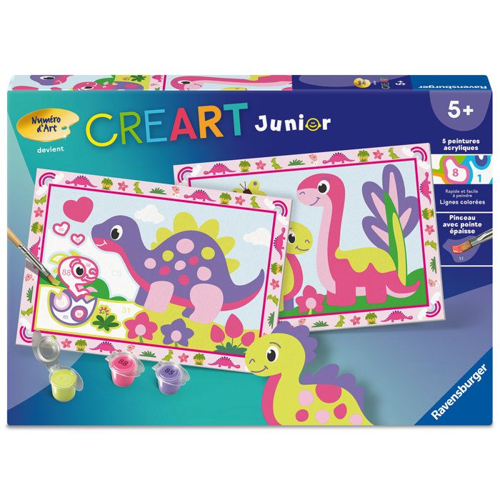 CreArt Junior Ravensburger 12023213 – Kit de Peinture par Numéros Dinosaures Colorés