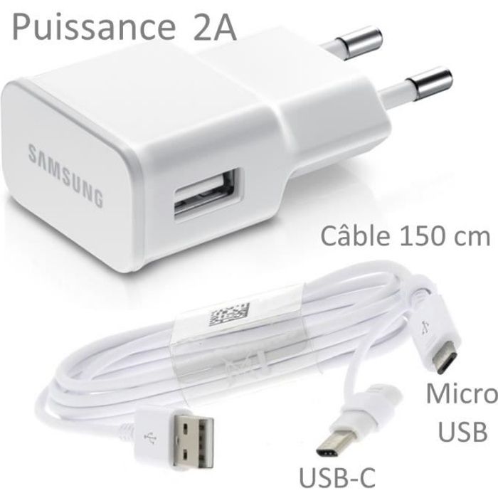 Pour Samsung Galaxy J6 Plus : Chargeur USB Original 2A + Câble Long 150 cm Blanc