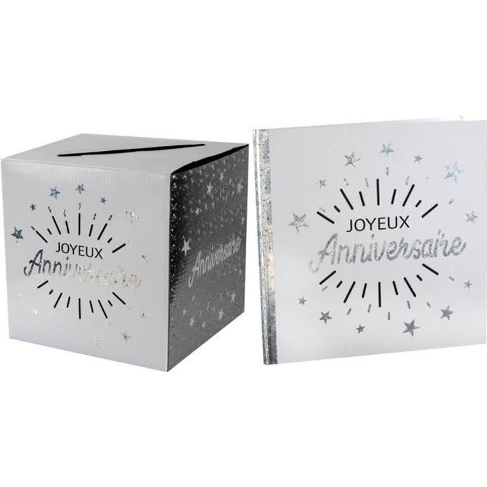 R/6651-6652 - 1 Pack urne et livre d'or joyeux anniversaire blanc et argent