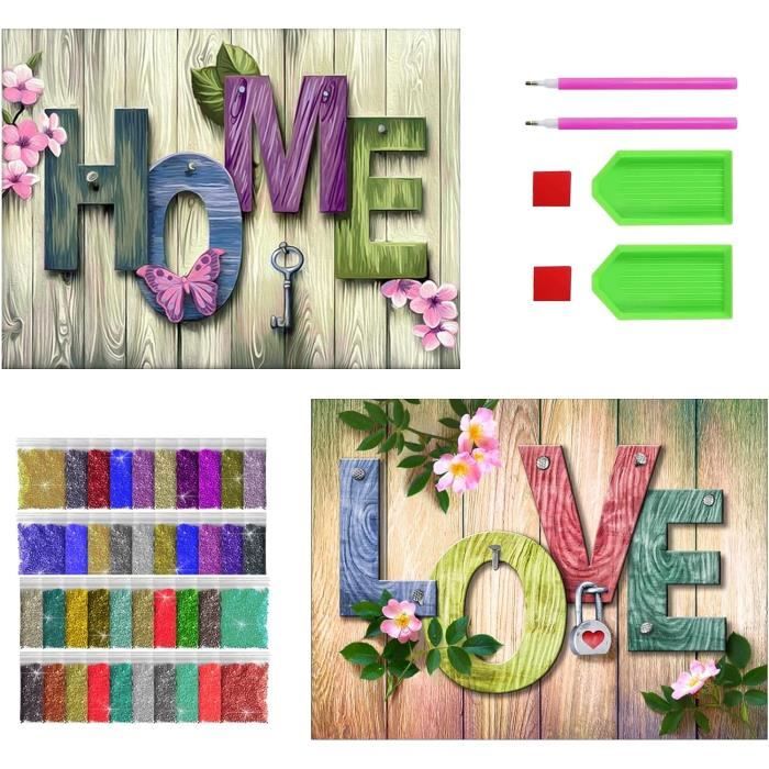 QINREN Lot De 2 Kits Peinture Diamant 5D 30x40cm - Broderie Strass DIY Avec Outils Complets Home & Love