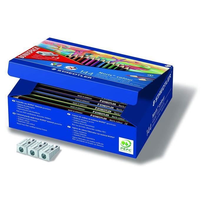 Noris® colour 185 - Classpack carton 144 crayons de couleur WOPEX® assortis+ 3 taille-crayons 510 10 offerts