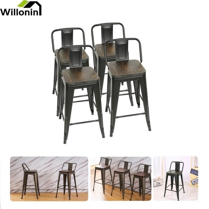 Willonin® Lot de 4 Tabouret de bar avec dossier Structure métal et assise en bois foncé Chaise style industriel Hauteur 63.5 cm