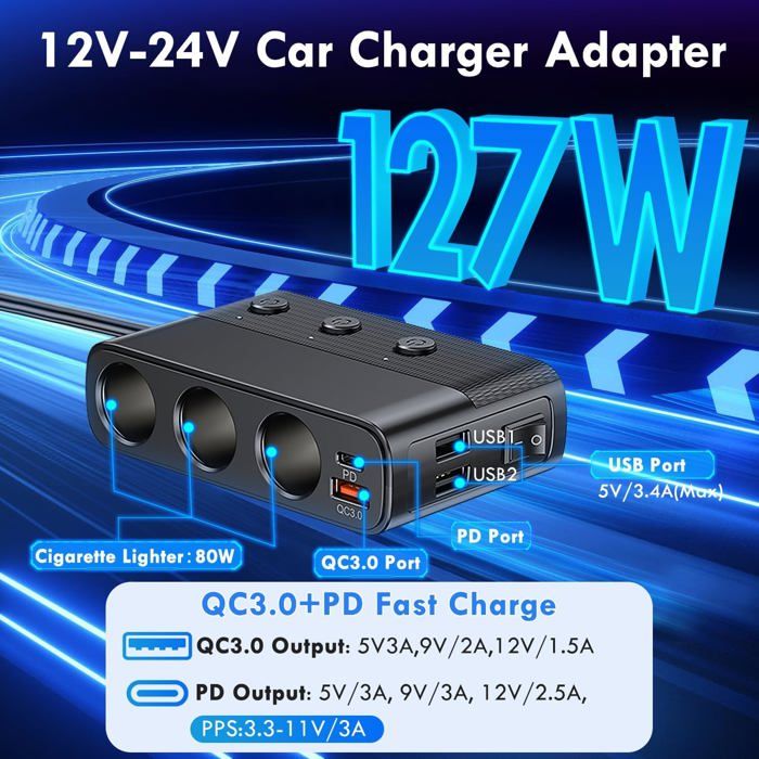 Rpartiteur Allume-Cigare 12V/24V, 127W PD QC3.0 Adaptateur de Chargeur USB pour  Voiture avec 3 Prises et 4 Ports USB, Rpartiteur - Cdiscount Auto