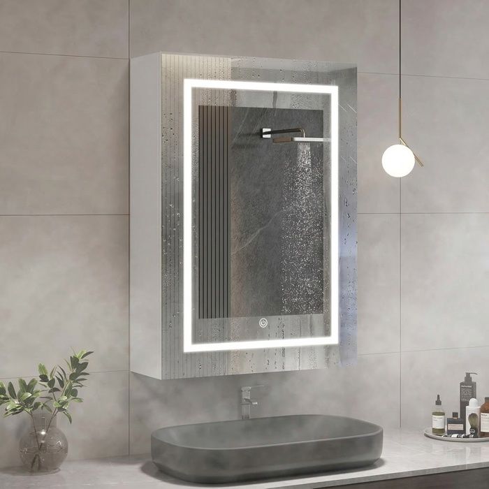 Armoire Salle De Bain Avec Miroir LED - 3 Couleurs Lumière, Intensité Variable - 50x70 Cm Blanc, 2 étagères Verre - Gain De Place Mural - 3