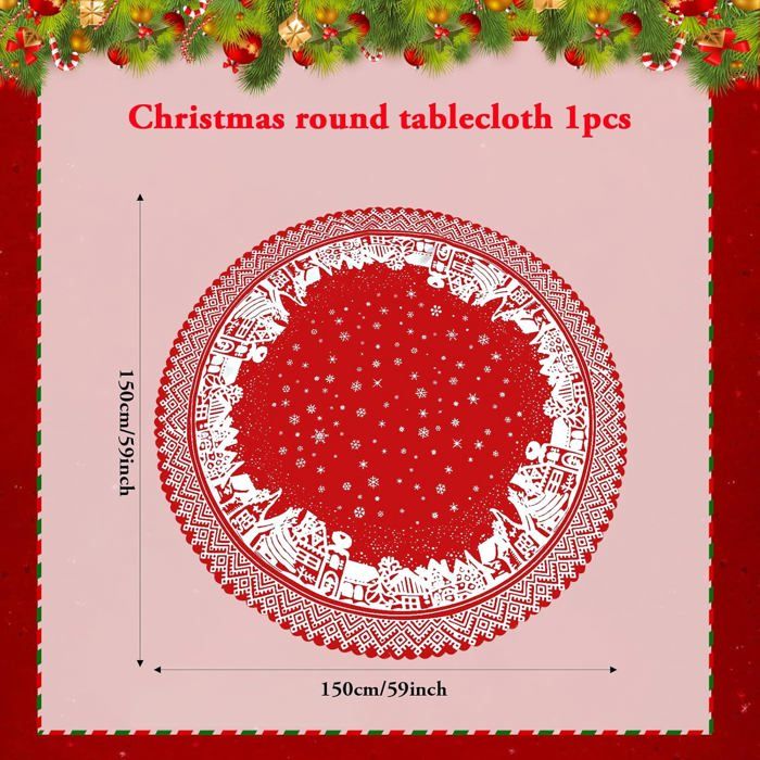 Nappe Ronde De Noël - Tissu En Coton Et Lin - Rouge Bronze - Motif Flocons De Neige - Pour Festival, Fête, Salle à Manger, Noël, 150 Cm