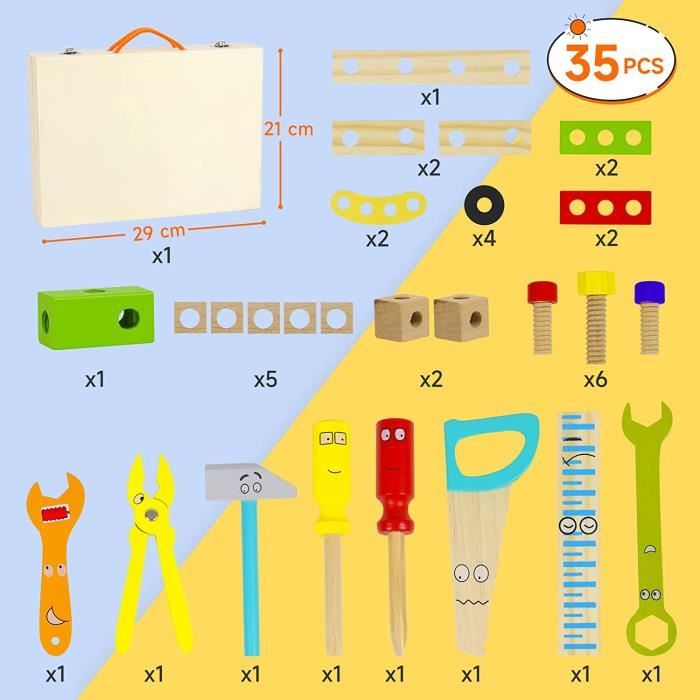 QeeHeng – Coffret De 30 Outils De Bricolage Pour Enfants – Marteau, Tournevis, Lunettes, Gants, Règle – Valise De Rangement – Dès 5 Ans