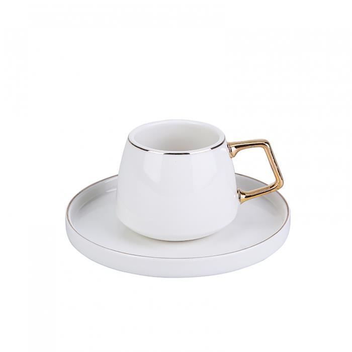 Lot de 6 tasses à café et à expresso avec soucoupes aspect bois -  Porcelaine blanche - 200 ml - Modèle 3[543] - Cdiscount Maison