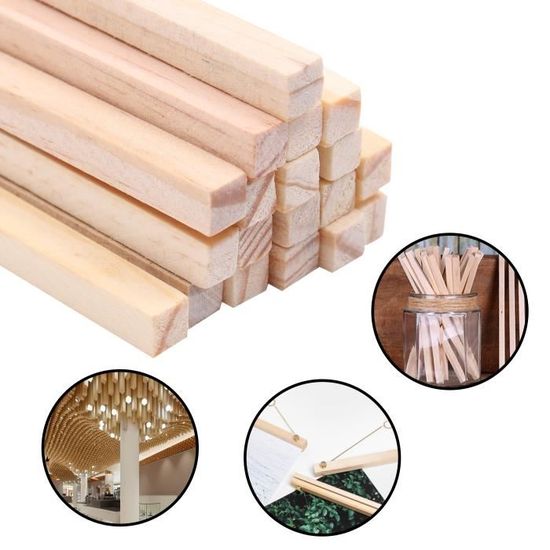 Lot de 50 bâtons en bois (carrés, 8x8 mm, longueur 70 cm, bois de