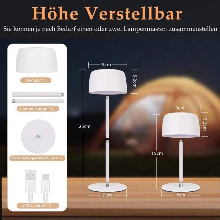 Lot De 2 Lampes De Table LED Sans Fil - Hauteur Réglable - 3 Températures Couleur - Tactile