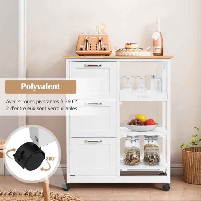 GOPLUS Desserte Chariot d'Îlot de Cuisine avec Comptoir en Bois d'Hévéa