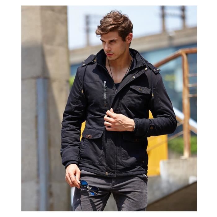 Parka Homme Hiver Manteau De Capuchon Col Rabattu Multi Poches