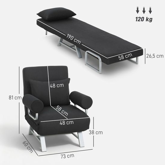 HOMCOM Chauffeuse 1 Place Fauteuil lit Convertible Dossier inclinable 5 Niveaux Repose-Pied Rabattable, Charge 200 Kg, châssis métal et Tissu Lin crème