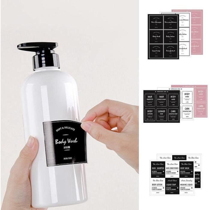 Étiquette minimale étanche de 3 Étiquette shampooing Étiquette salle de  bains Étiquette de savon à vaisselle Étiquette de distributeur de script  Étiquette blanche moderne de bouteille en verre -  France