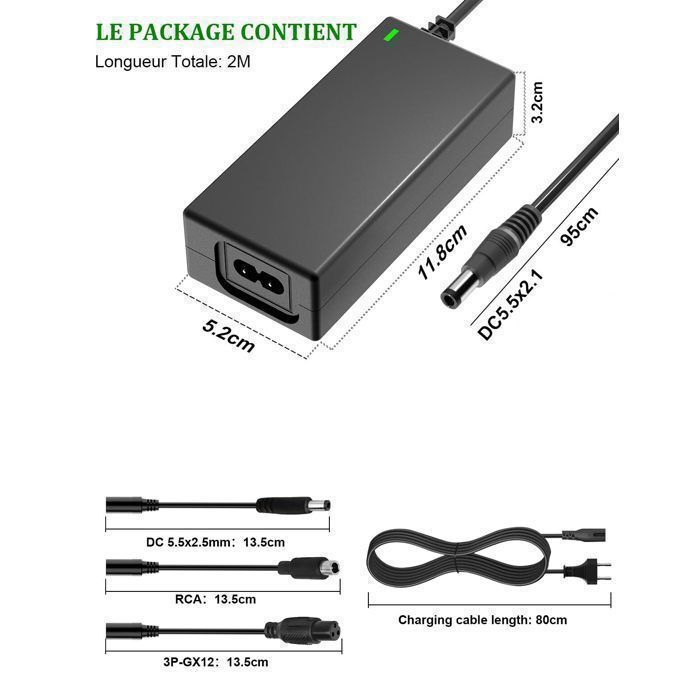Chargeur Trottinette électrique 42V 3A – 4 Connecteurs, LED, 84W, Refroidissement Alu, Compatible 5,5×2,1 Et 5,5×2,5 Mm