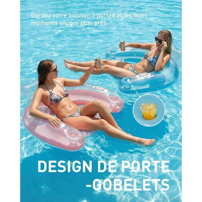 DEJIN Chaise flottante gonflable pour adultes, XL 120 x 90 cm, transat de piscine flamant rose avec 4 porte-gobelets et 2 poignées, PVC robuste de 0,6 mm, bouée pour lac, plage et
