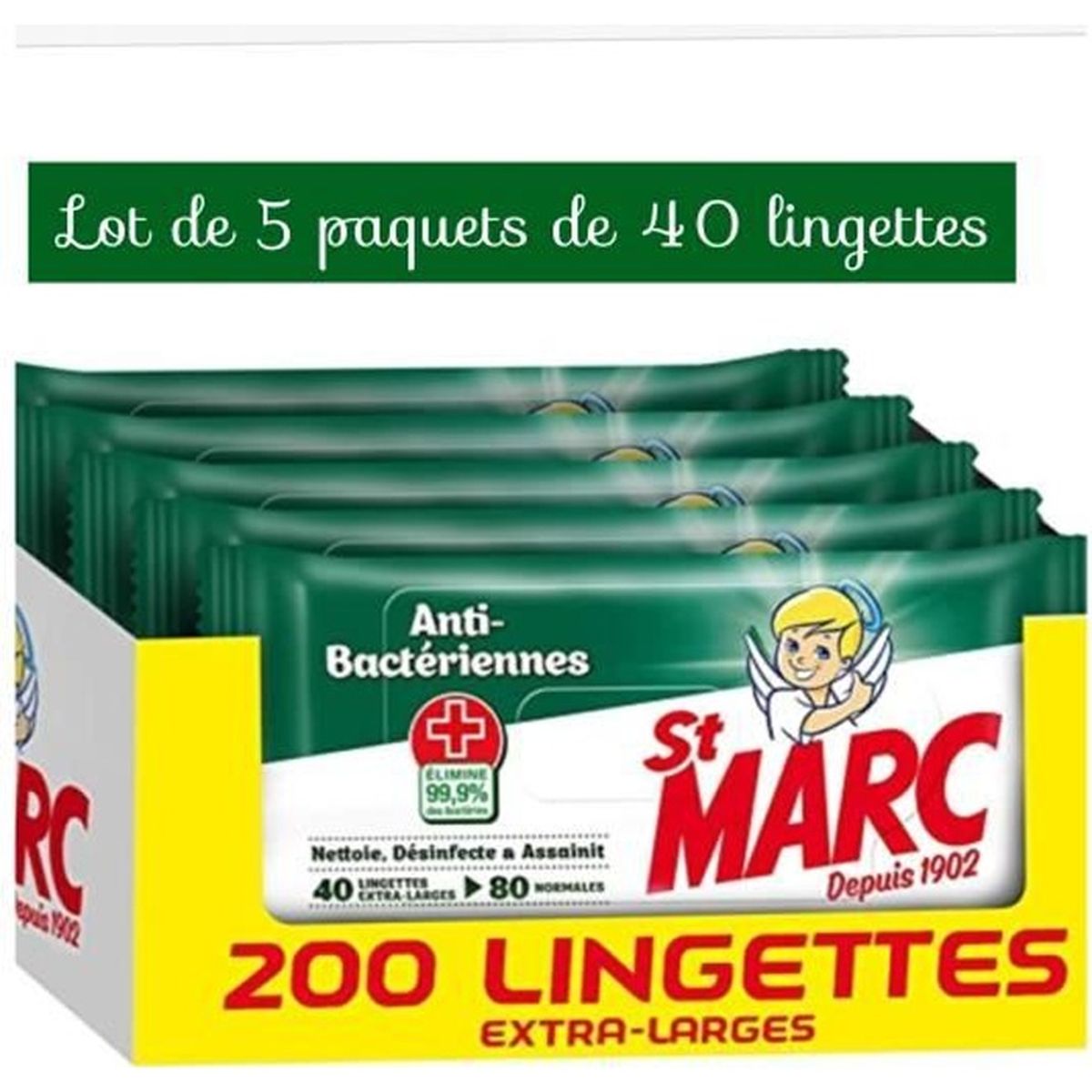 St Marc Lingettes Nettoyantes et Antibactériennes Paquet de 80 Lot de 5 boites 