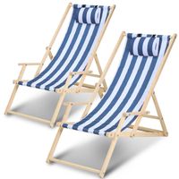 Chaise longue pliante en bois Chaise de plage Chilienne Bleu blanc Avec mains courantes 2X