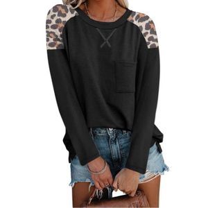 T-SHIRT T-shirt femmes col rond lopard patchwork Pocket manches longues Noir