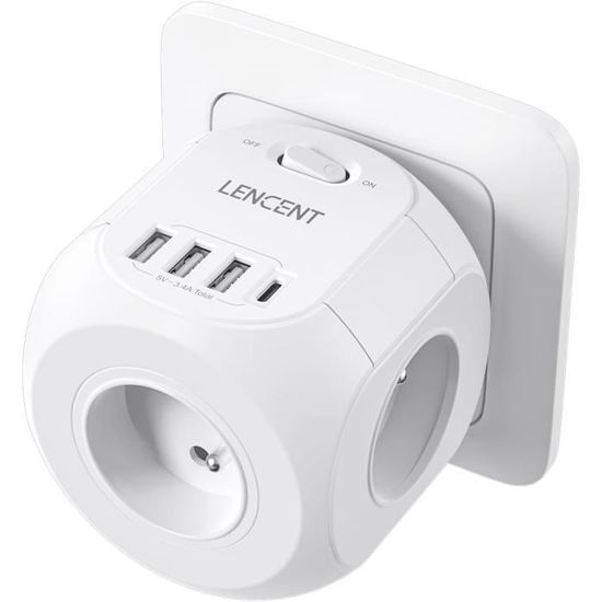 Multiprise Cube Lencent 7 En 1 – Chargeur USB PD 35W – Prise Secteur Murale