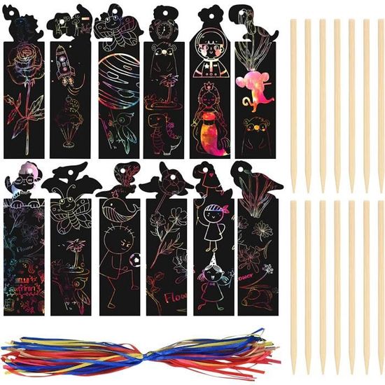 Kit 48 Marque-Pages à Gratter DIY + Cordons & Stylets En Bois - Création Artisanale - Cadeau Pour Enfants & Adultes - 7