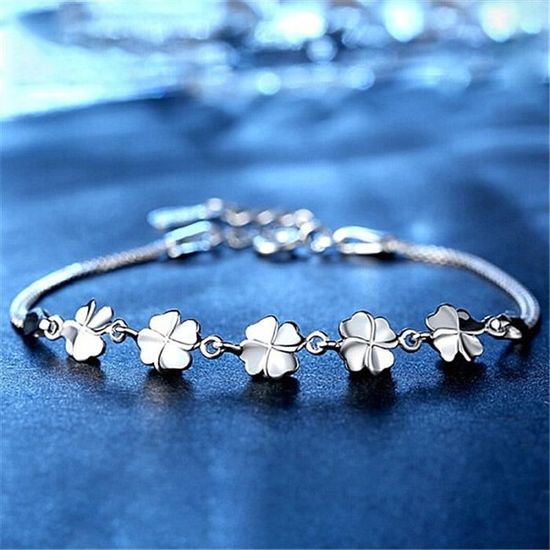 Bracelet Femme Argent 925 Réglable - Design Fleur Et Trèfle à 4 Feuilles Avec Zirconium, Cadeau Saint-Valentin/fête Des Mères