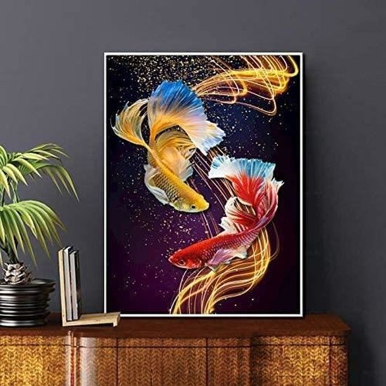 Peinture Murale Chinoise Sur Soie 94x30 Cm - Design Poisson Double | Décor Asiatique, Rouleau Suspendu