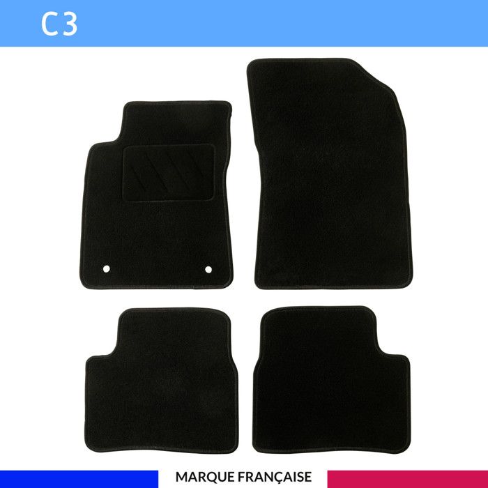 Tapis de sol voiture - Sur mesure pour Citroën C3 (07/2016-06/2024) - Moquette Antidérapante - Clips et Scratch - 4 pièces