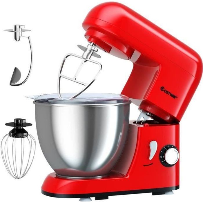COSTWAY Robot Pâtissier 1300W Batteur Electrique avec Bol d'Acier Inox 4L à 6 Vitesses Réglables avec Batteur,Fouet,Crochet Rouge
