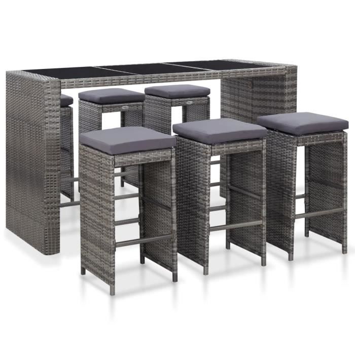 Meuble de bar de jardin 7 pcs contemporain Ensemble de bar Mange-Debout Table Haute - et coussins Résine tressée Gris