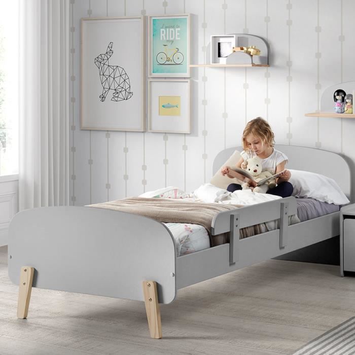 Lit gris scandinave avec barrière de sécurité SANNA Gris L 95 x P 205 x H 70 cm