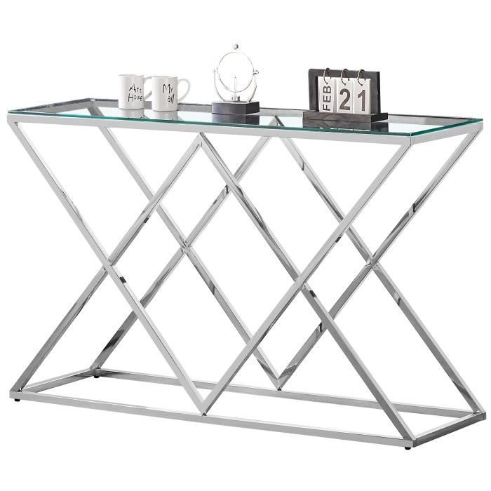 Console design en acier argenté avec plateau en verre transparent collection ROMA L. 120 x P. 40 x H. 78 cm Argenté, Transparent