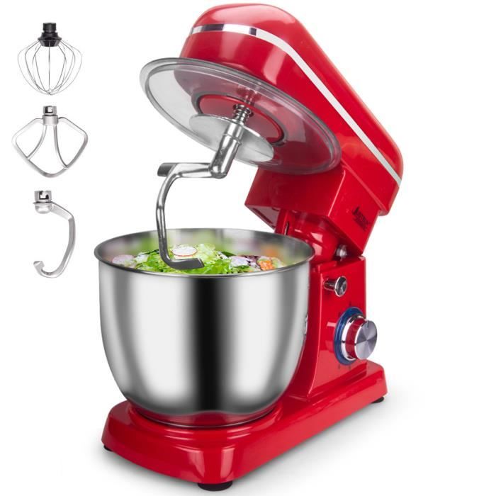 1500W Robot Pâtissier, Robot avec Kit pâtisserie (Fouet, Batteur, Crochet), Bol en Acier Inoxydable de 5L, 6 Vitesses avec Pulse