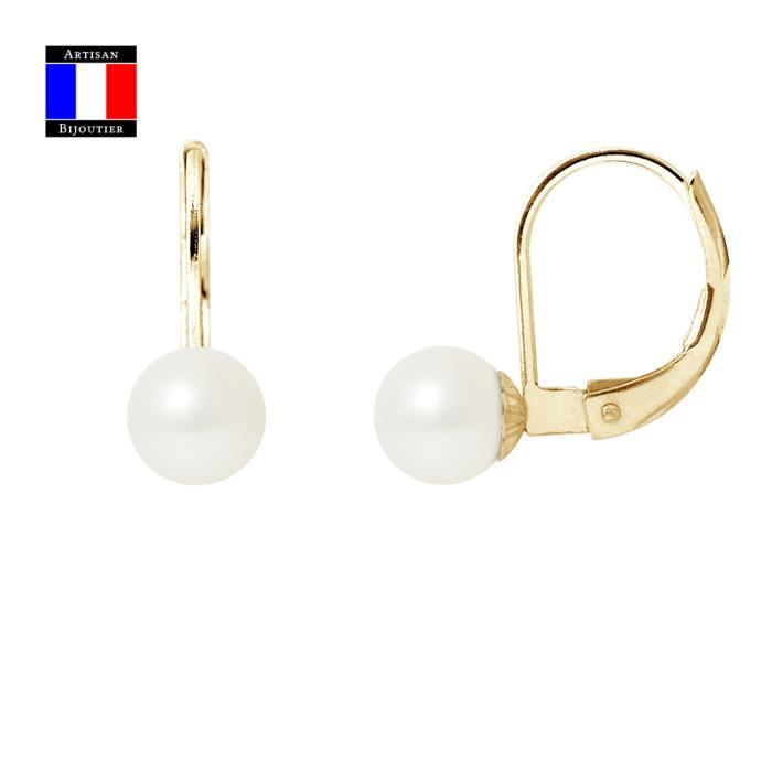 Compagnie Générale des Perles - Boucles d'Oreilles en Or et Véritables Perles de Culture 6-7 mm - système Dormeuses - Bijou Femme