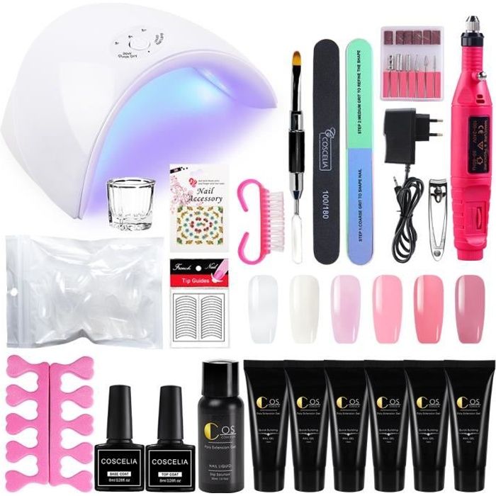 Kit Faux Ongles Poly Extension Gel 6 Pots 36W UV/LED Lampe Construction Gel Vernis à Ongle Building Cleanser Plus Base Coat Top Coat