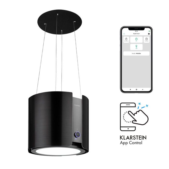 Klarstein Skyfall Smart Hotte îlot connectée Ø45cm , contrôle par app ou WiFi , design inox noir