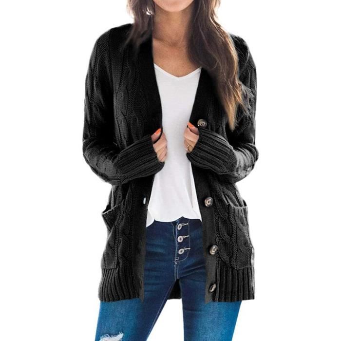 Femme Cardigan Ouver boutonné Gilets Manches Longues Cardigan Les Poches Veste Long Tricoté Pull Manteau Noir