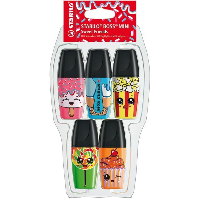Coque x 5 surligneurs STABILO BOSS MINI Sweet Friends - jaune + vert + rose + orange + bleu