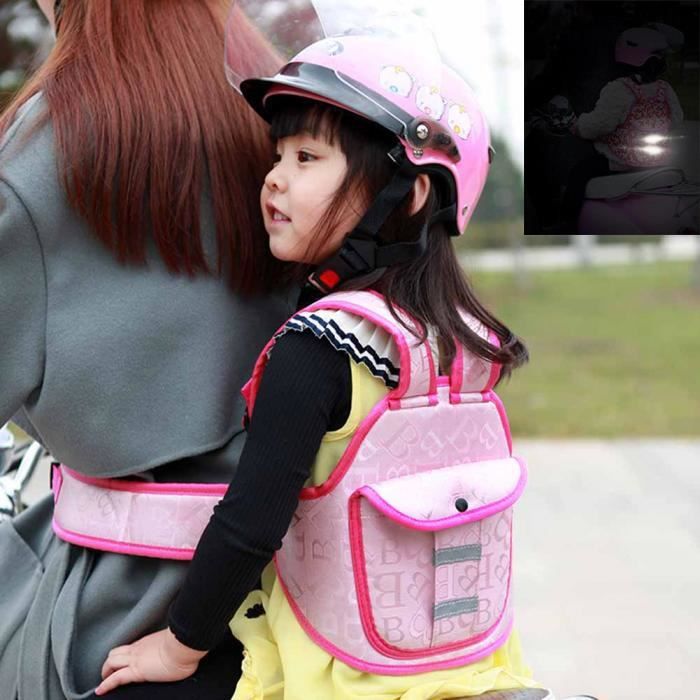 Ceinture de sécurité de Moto pour Enfant Étanche réglable Harnais de résistance siège de sécurité avec bandes réfléchissantes rose