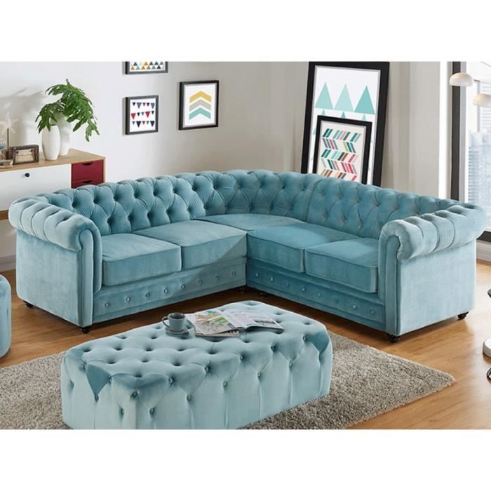 Canapé d'angle Bleu Velours Chesterfield Confort