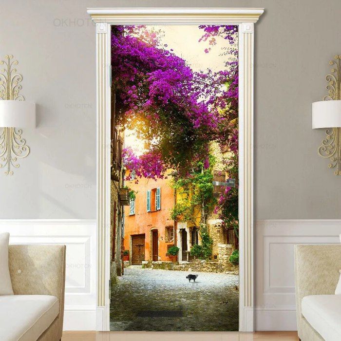 Autocollant Porte 3D Trompe-l’œil Fleurs Lilas – 77x200 Cm – Stickers Muraux Imperméables Pour Chambre, Salon Ou Salle De Bain